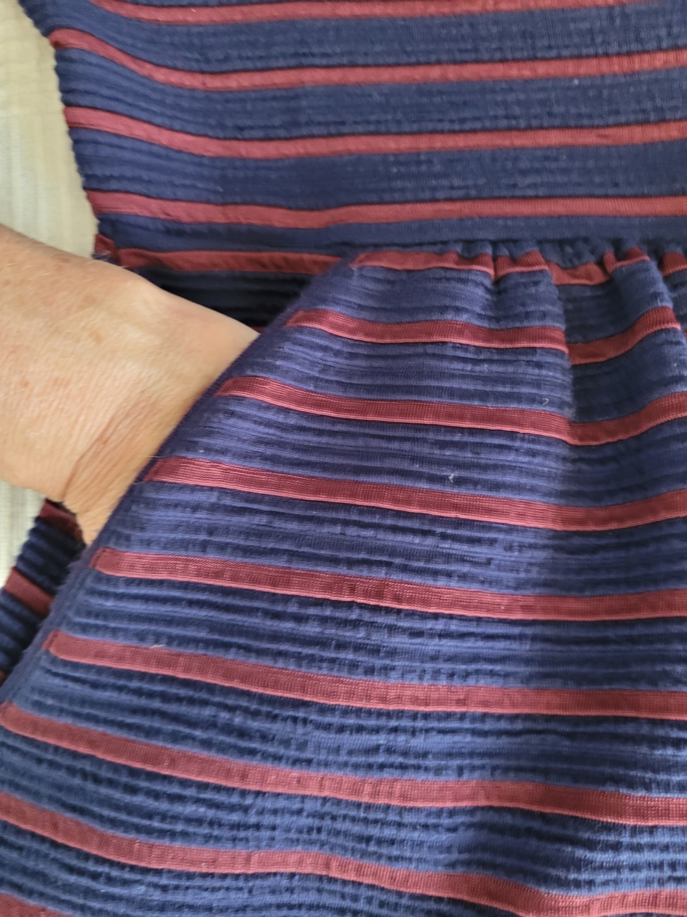 Maeve by Anthropologie, navy and red striped fit-and-flare dress with pockets